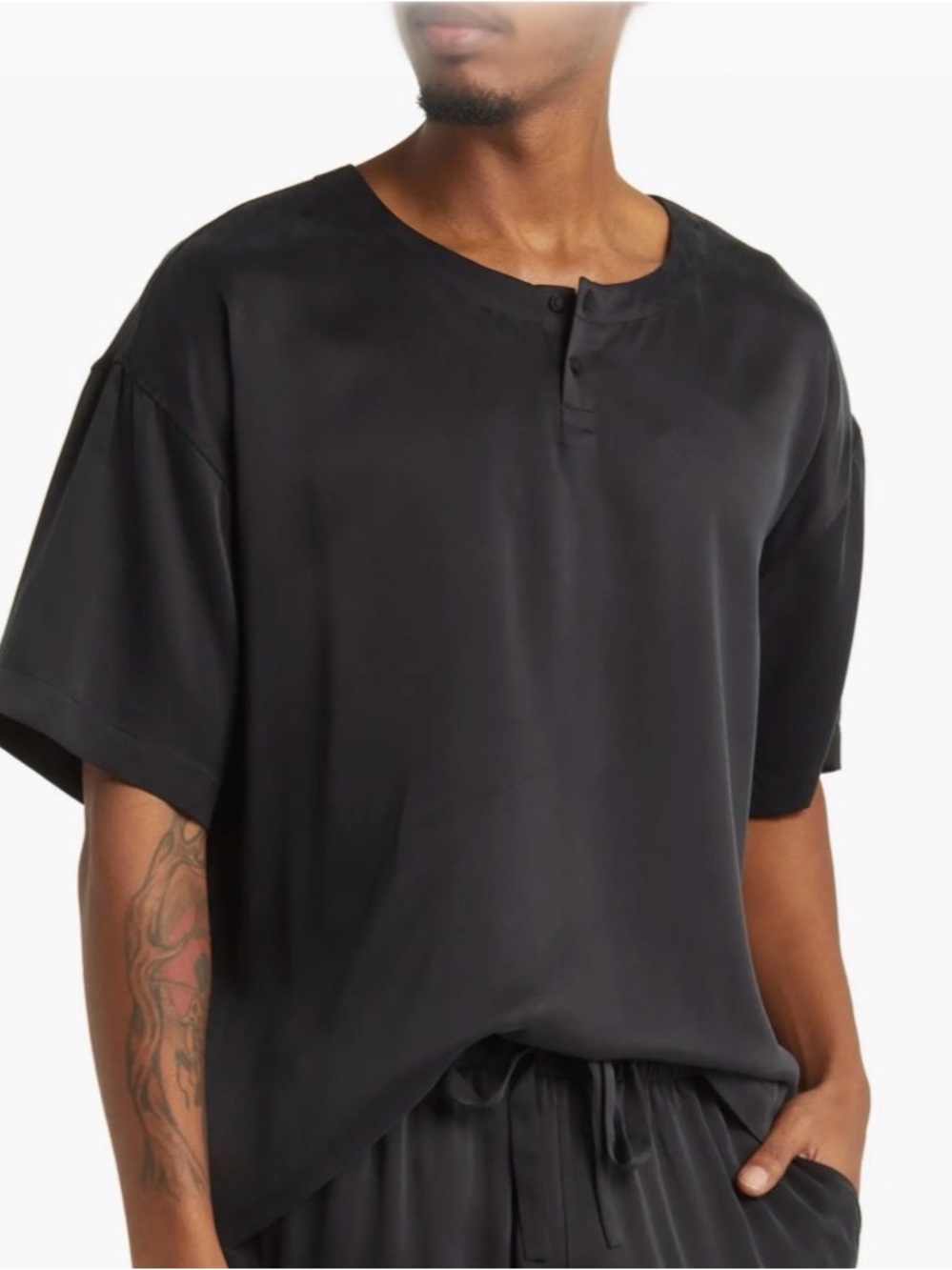 Lahgo by Lunya Men’s Washable Silk Henley Sleep Shirt Black L